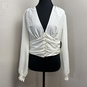 Jolie and Joy Cropped Top Women's‎ Medium White Baby Doll Balloon Sleeves Y2K